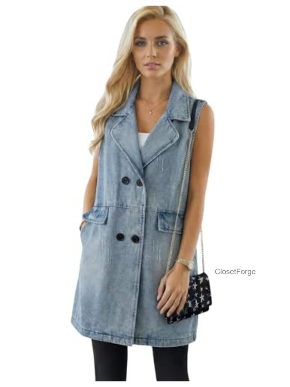 Sleeveless Long Denim Vest with Pockets Distressed Lightweight Western Outfit